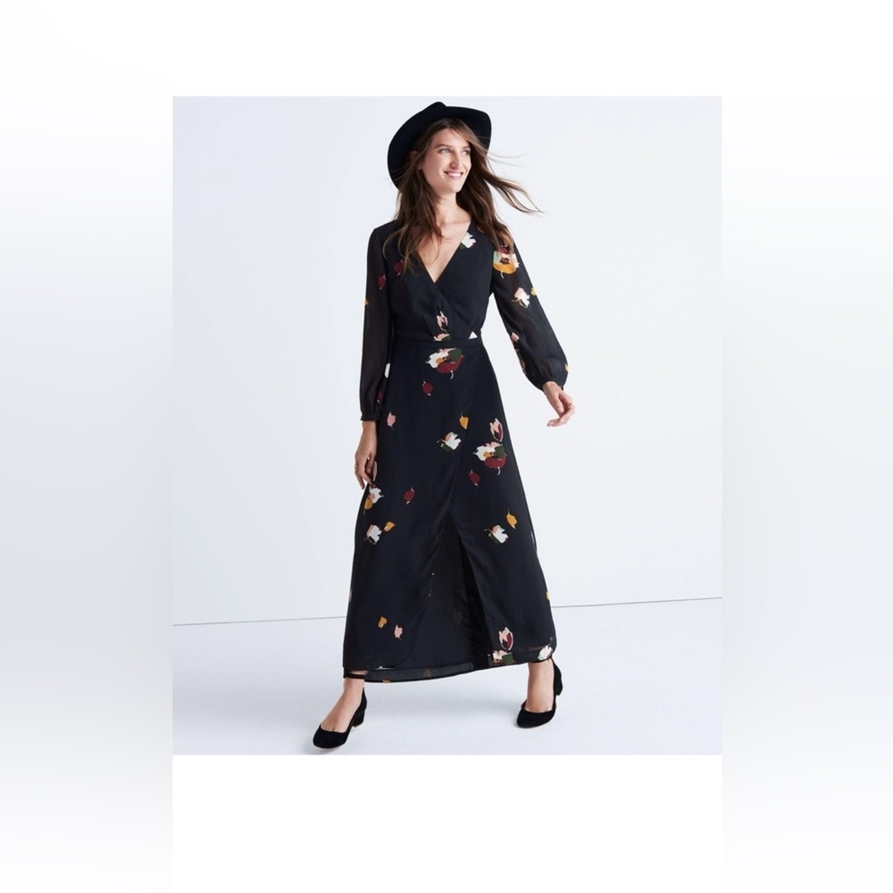 MADEWELL black Painted Floral v-neck long sleeve maxi dress
